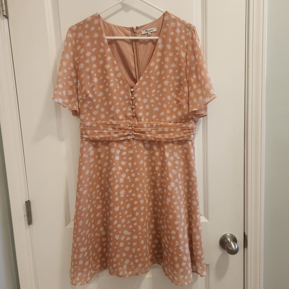 Madewell Peach Starburst Print Ruched Empire Waist Mini Dress Size 14 V-Neck